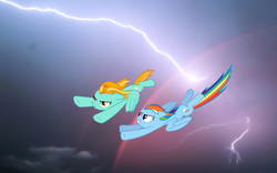 Size: 1920x1200 | Tagged: safe, lightning dust, rainbow dash, pegasus, pony, g4, female, lesbian, lightning, mare, rainbow, ship:rainbowdust, shipping, wallpaper