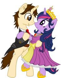 Size: 6000x7671 | Tagged: safe, artist:mactavish1996, artist:magfen, twilight sparkle, alicorn, pony, g4, absurd resolution, bipedal, clothes, crossover, crossover shipping, crown, dancing, dress, eye contact, female, gala dress, grin, male, mare, peter parker, shipping, simple background, smiling, spider-man, spiders and magic: rise of spider-mane, spidertwi, straight, suit, transparent background, twilight sparkle (alicorn), vector