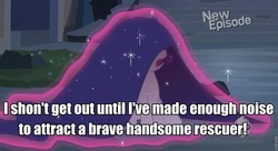 Size: 960x524 | Tagged: safe, rarity, castle mane-ia, g4, damsel in distress, drama queen, dumb fabric, female, image macro, marshmelodrama, misspelling, solo