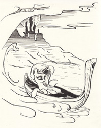 Size: 1696x2139 | Tagged: safe, artist:mcstalins, nightmare rarity, g4, boat, female, monochrome, solo, traditional art