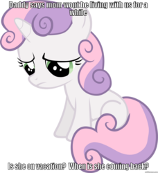 Size: 853x937 | Tagged: safe, sweetie belle, g4, caption, divorce, female, image macro, implied divorce, naive sweetie belle, naivete of youth, sad, solo