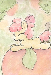 Size: 681x1004 | Tagged: safe, artist:slightlyshade, apple bloom, g4, apple, eyes closed, female, solo, traditional art