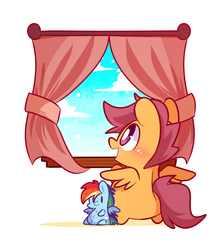 Size: 860x960 | Tagged: safe, artist:php56, rainbow dash, scootaloo, pony, g4, blank flank, chibi, cute, cutealoo, female, filly, foal, looking out the window, open mouth, plushie, rainbow dash plushie, simple background, snow, snowfall, solo, spread wings, white background, window, wings