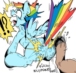 Size: 600x573 | Tagged: safe, artist:nekubi, discord, rainbow dash, pegasus, pony, g4, princess twilight sparkle (episode), butt, female, japanese, kick in the butt, kicking, literal butthurt, mare, modular, pain, pixiv, plot, scene interpretation