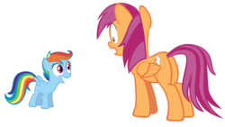 Size: 5604x3153 | Tagged: safe, rainbow dash, scootaloo, pegasus, pony, g4, age swap, female, filly, foal, mare, palette swap, role reversal, scootobsession, siblings, simple background, sisters, white background
