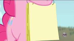 Size: 1920x1080 | Tagged: safe, edit, edited screencap, screencap, pinkie pie, earth pony, pony, castle mane-ia, g4, exploitable, hub logo, hubble, mouth hold, notebook, notepad, paper, the hub