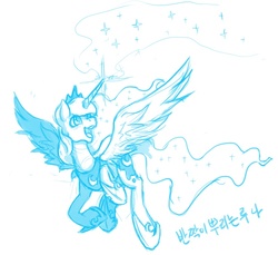 Size: 800x733 | Tagged: safe, artist:mrs1989, princess luna, g4, female, flying, happy, magic, monochrome, sketch, solo