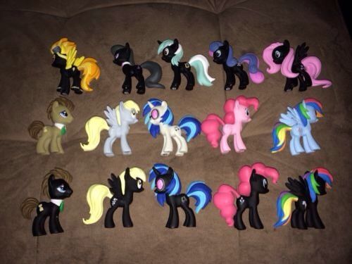 Size: 500x375 | Tagged: safe, bon bon, derpy hooves, dj pon-3, doctor whooves, fluttershy, lyra heartstrings, octavia melody, pinkie pie, rainbow dash, spitfire, sweetie drops, time turner, vinyl scratch, pegasus, pony, g4, black repaint, female, funko, hot topic, irl, mare, photo, toy
