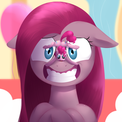 Size: 1500x1500 | Tagged: safe, artist:khorme, pinkie pie, g4, grin, micro, pinkamena diane pie, sad, smiling, tiny