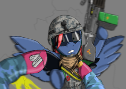 Size: 500x353 | Tagged: safe, artist:rauhfasertapete, oc, oc only, pegasus, pony, battlefield 3, bullet, crying, death, dog tags, execution, gritted teeth, hoof hold, military, military uniform, on back, solar empire, soldier, spread wings, wide eyes