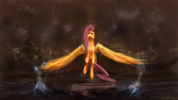 Size: 1800x1013 | Tagged: safe, artist:netkarma, fluttershy, pegasus, pony, g4, female, front view, full face view, looking up, mare, solo, spread wings, water, wings