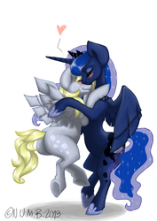 Size: 659x932 | Tagged: safe, artist:notundermybed, derpy hooves, princess luna, pony, g4, bipedal, blushing, female, heart, hug, lesbian, ship:lunaderp, shipping