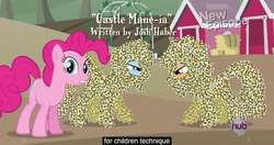 Size: 1151x608 | Tagged: safe, screencap, applejack, pinkie pie, rainbow dash, bee, castle mane-ia, g4, meme, youtube caption