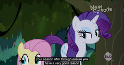 Size: 1151x609 | Tagged: safe, screencap, fluttershy, rarity, castle mane-ia, g4, meme, youtube caption