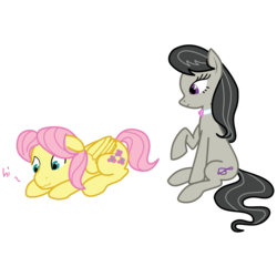 Size: 5250x5250 | Tagged: safe, artist:synch-anon, fluttershy, octavia melody, g4, absurd resolution, adorascotch, butterscotch, cute, floppy ears, hi, prone, raised hoof, rule 63, rule63betes, shipping, shy, sitting, smiling, tavibetes, wavy mouth