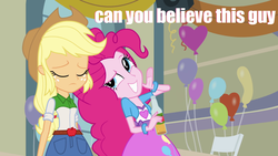 Size: 1025x577 | Tagged: safe, applejack, pinkie pie, equestria girls, g4, caption