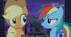 Size: 1152x609 | Tagged: safe, screencap, applejack, rainbow dash, castle mane-ia, g4, my little pony: friendship is magic, meme, youtube caption