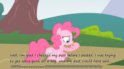 Size: 500x279 | Tagged: safe, pinkie pie, g4, female, insane pony thread, solo, text, tongue out