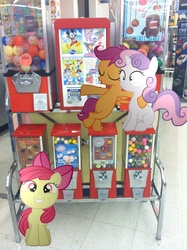 Size: 1936x2592 | Tagged: safe, apple bloom, scootaloo, sweetie belle, g4, candy machines, irl, photo, ponies in real life, store