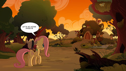 Size: 1280x720 | Tagged: safe, artist:anima-dos, discord, fluttershy, ask baby discord, g4, askdiscordbaby, baby discord, carrying, fluttershy's cottage, single panel, sunset