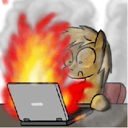 Size: 329x329 | Tagged: safe, artist:paper-pony, oc, oc only, oc:paper pony, earth pony, pony, animated, computer, fire, laptop computer, male, reaction image, shocked, sitting, solo, stallion