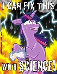 Size: 553x720 | Tagged: safe, artist:texasuberalles, twilight sparkle, pony, unicorn, g4, bipedal, explosion, female, fire, floppy ears, goggles, lightning, mare, open mouth, science, shrunken pupils, smiling, solo, that pony sure does love science, this will end in tears, twilight snapple