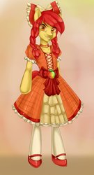 Size: 1343x2495 | Tagged: safe, artist:misukitty, apple bloom, earth pony, semi-anthro, g4, adorabloom, braid, clothes, cute, dress, female, filly, foal, gradient background, lolita fashion, looking at you, mary janes, puffy sleeves, smiling, smiling at you, solo