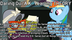 Size: 1280x720 | Tagged: safe, edit, edited screencap, screencap, a.k. yearling, rainbow dash, pegasus, pony, g4, duo, female, glasses, implied daring do, mare, text, theory