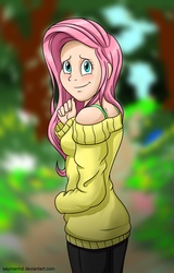 Size: 3840x6000 | Tagged: safe, artist:saymanhd, fluttershy, human, g4, bra strap, clothes, female, green underwear, humanized, light skin, looking at you, looking back, looking back at you, off shoulder, signature, solo, sweater, sweatershy, underwear