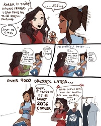 Size: 723x900 | Tagged: safe, 20% cooler, asami sato, barely pony related, clothes, comic, dress, korra, korrasami, over 9000, the legend of korra