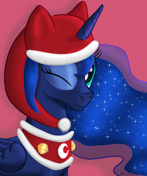 Size: 2000x2400 | Tagged: safe, artist:mcnum, princess luna, g4, christmas, female, hat, santa hat, solo, wink