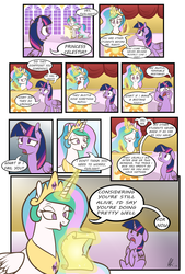 Size: 2400x3543 | Tagged: safe, artist:lolepopenon, princess celestia, twilight sparkle, alicorn, pony, g4, comic, d:, duo, female, magic, mare, meta, open mouth, twilight sparkle (alicorn)