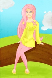 Size: 700x1050 | Tagged: safe, artist:cookiekhaleesi, fluttershy, human, g4, cute, female, humanized, light skin, sitting, solo