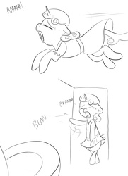Size: 2480x3425 | Tagged: safe, artist:theponybox696, sweetie belle, comic:sweetie belle omorashi, g4, ponyville confidential, clothes, comic, desperation, dress, filly, monochrome, need to pee, omorashi, potty dance, potty emergency, potty time, toilet, trotting in place