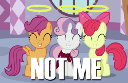 Size: 766x500 | Tagged: safe, edit, edited screencap, screencap, apple bloom, scootaloo, sweetie belle, g4, stare master, cutie mark crusaders, family circus, halo, image macro, meme, reference