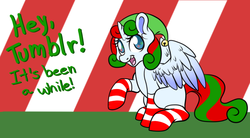 Size: 919x508 | Tagged: safe, artist:srsishere, oc, oc only, alicorn, pony, alicorn oc, christmas, clothes, hat, princess skyla replies, socks, solo, sparkles, striped socks, tumblr