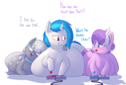 Size: 1500x1010 | Tagged: safe, artist:secretgoombaman12345, diamond tiara, dj pon-3, silver spoon, vinyl scratch, earth pony, pony, unicorn, g4, fat, female, filly, mare, morbidly obese, obese, video game, vinyl fat