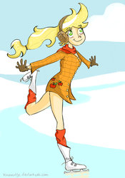 Size: 600x857 | Tagged: safe, artist:kapoentje, applejack, human, g4, clothes, earmuffs, female, gloves, humanized, ice skates, ice skating, light skin, raised leg, solo, winter