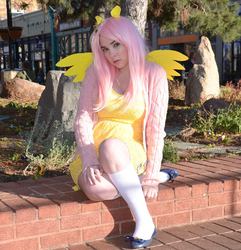 Size: 925x960 | Tagged: safe, artist:lochlan o'neil, fluttershy, human, g4, clothes, cosplay, irl, irl human, photo, socks, solo, sweater, sweatershy