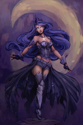Size: 1000x1501 | Tagged: safe, artist:mellifluousadventure, princess luna, human, g4, armor, belly button, breasts, cleavage, clothes, crescent moon, dark skin, female, fingerless gloves, gloves, humanized, midriff, moderate dark skin, shoulderless, solo, winged shoes
