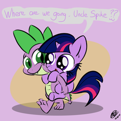 Size: 1024x1024 | Tagged: safe, artist:loreto-arts, spike, twilight sparkle, g4, age regression, carrying, cute, fangs, filly, piggyback ride, role reversal, smiling, twiabetes