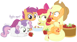 Size: 920x500 | Tagged: safe, artist:dm29, apple bloom, applejack, scootaloo, sweetie belle, g4, apple, apple sisters, bow, cowboy hat, cutie mark crusaders, dialogue, food, hair bow, hat, siblings, simple background, sisters, stetson, surprised, text, transparent background