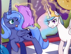 Size: 800x600 | Tagged: safe, artist:pijinpyon, princess celestia, princess luna, g4, magic, pillow fight, s1 luna