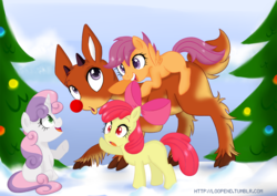 Size: 1000x707 | Tagged: safe, artist:pijinpyon, apple bloom, scootaloo, sweetie belle, deer, earth pony, pegasus, pony, reindeer, unicorn, g4, christmas, christmas tree, cute, cutealoo, cutie mark crusaders, diasweetes, holiday, open mouth, ponies riding deer, riding, rudolph the red nosed reindeer, sitting, snow, tree