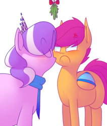 Size: 620x730 | Tagged: safe, artist:secretgoombaman12345, diamond tiara, scootaloo, ask chubby diamond, g4, blushing, chubby, clothes, cross-popping veins, fat, female, kissing, lesbian, mistletoe, mittens, scarf, ship:scootiara, shipping