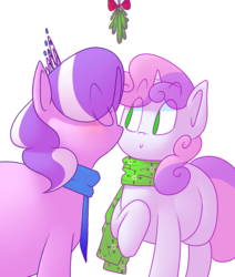 Size: 620x730 | Tagged: safe, artist:secretgoombaman12345, diamond tiara, sweetie belle, ask chubby diamond, g4, blushing, chubby, clothes, duo, female, kissing, larger female, lesbian, mistletoe, scarf, ship:diamondbelle, shipping, size difference, smaller female