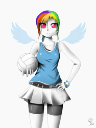 Size: 1500x2000 | Tagged: safe, artist:burnoid096, rainbow dash, human, g4, ball, clothes, compression shorts, female, humanized, skirt, solo, sports, winged humanization, wings