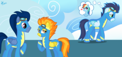 Size: 1024x482 | Tagged: safe, artist:ojos-color-bosque, rainbow dash, soarin', spitfire, wave chill, g4, female, male, sad, ship:soarindash, shipping, straight, wonderbolts