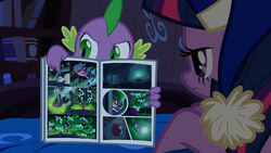 Size: 1920x1080 | Tagged: safe, screencap, mane-iac, spike, twilight sparkle, alicorn, pony, g4, power ponies (episode), comic book, female, hat, mare, nightcap, tresemme, twilight sparkle (alicorn)