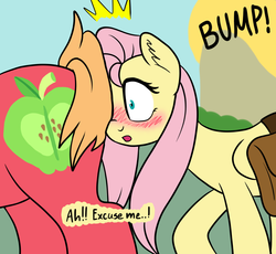 Size: 1250x1150 | Tagged: safe, artist:marindashy, big macintosh, fluttershy, earth pony, pegasus, pony, g4, bag, big backintosh, blushing, bump, bumping, butt, embarrassed, eyes on the prize, faceful of ass, female, fluttershy answers, implied fluttermac, implied shipping, implied straight, large cutie mark, looking at butt, male, mare, plot, prize on the eyes, saddle bag, ship:fluttermac, shipping, stallion, straight, wide eyes